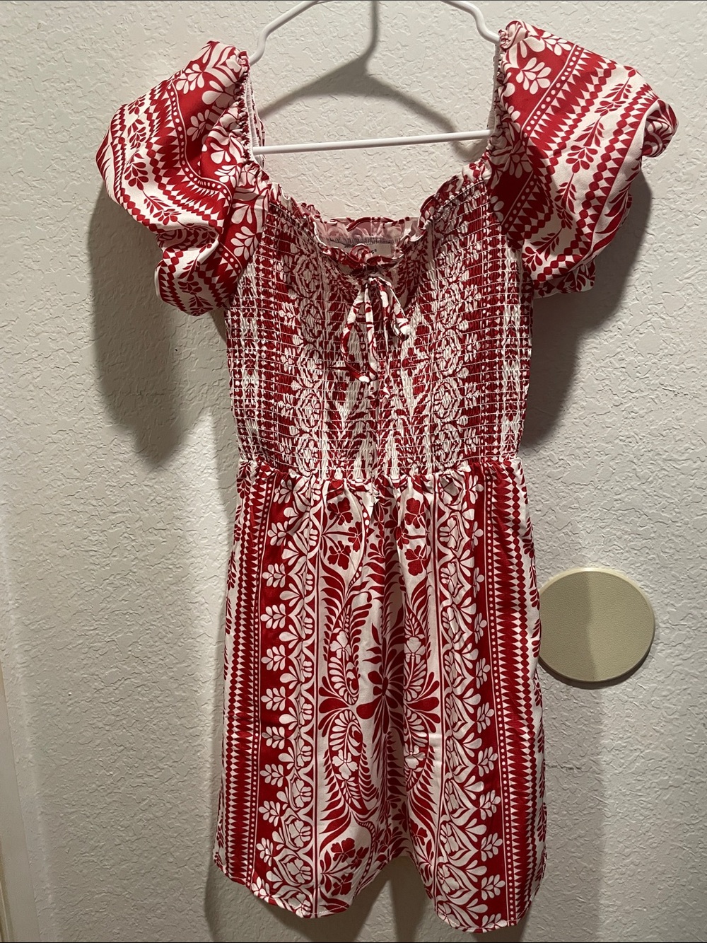 Francesca's Collections Red & White Smocked Off-Shoulder Mini Dress